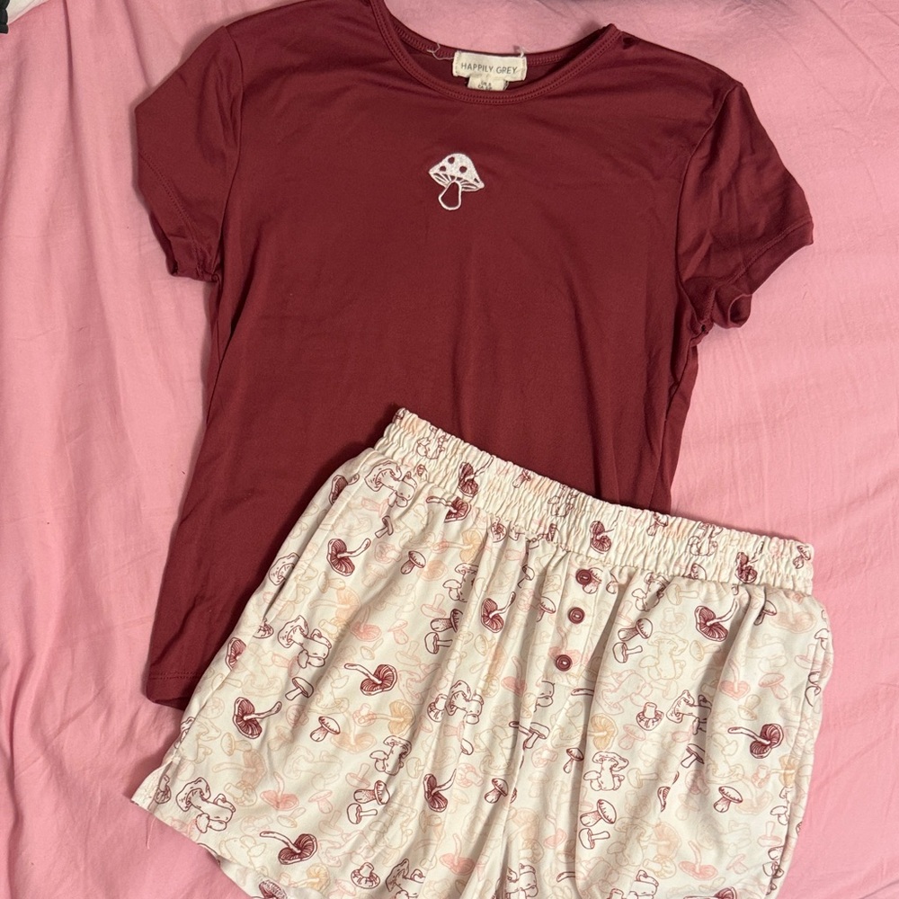 Mushroom Print Sleepwear Set in Burgundy and Cream